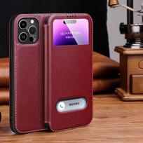 Magnetic Genuine Cowhide Leather Case for iPhone 16 Pro Max 17 15 Plus 14 13 12 11 Xs Xr 8 Window View Wallet Cover Free Answer iPhone 13 mini brown
