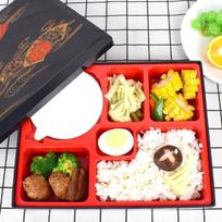 Karščiui atsparus bento dėžutė su medžio rašto dangteliu verslo pietums ir suši Black Wood Grain Box, Red Inner Tray, White Bowl red