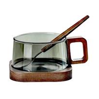 ABWR-Milk Tea Cup 200Ml Coffee Mug With Wooden Tray Spoon Heat-Resistant American Latte Glass Fresh Ground Coffee Cup