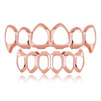 Eco-friendly Copper Hollow Teeth Grillz Top Bottom Set Anti Slip Teeth Jewelry  Rapper rožinio aukso spalvos