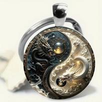 Black and White Dragon Pattern Glass Men's Alloy Round Keychain Anniversary Gift Jewelry sidabras