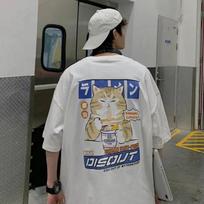 Harajuku Katės Animacinis Filmukas Valgantis Makaronus Grafinis Vyriški Moteriški Marškinėliai Laisvalaikio Trumpomis Rankovėmis T-shirt Japonijos Stiliaus Per dydį Dydžio Marškinėlis Drabužiai S