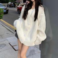 New V-neck Long Sleeved Cardigan Knitted Women Sweater Korean Fashion Autumn Winter Jacket Solid Color Office Thickened Ladies Casual Simple Clothing one size balta