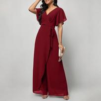 Women’s V Neck Short Sleeve Wide Leg Jumpsuit with Waist Tie and Flowing Chiffon Overlay for Formal Events XL