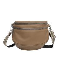 Trendy Elegant Wide Strap Crossbody Bag Solid Colour PU Leather Fanny Packs Shoulder Bag Double Zippers Design Women Waist Bag chaki