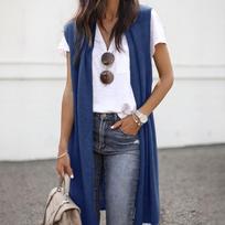 Women's Sleeveless Open Front Pocket Causal Lightweight Kimono Cardigan Coat L tamsiai mėlyna