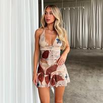 Womens Sexy Mesh Print Halter Neck Crop Top And Short Skirt 2 Piece Set Stylish Summer Outfit With Short Skirt For Casual Wear And Beach Parties L chaki