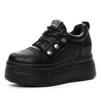 Fashion 9CM Genuine Leather Women Casual Shoes Hook Loop Platform Wedge Women Fashion Sneakers New Spring Autumn Warm Fur Winter Shoes 33 juoda