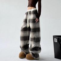 Plaid Wide-leg Pants for Women in Autumn Winter New Style Lazy Drape Loose Straight Casual Pants S pilka spalva