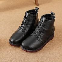 Retro Genuine Leather Ankle Boots Women's Winter Warm Plush Lace-Up Snow Booties Flats Fur Side Zip-Up Mom Boots 35