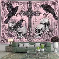 VIKAMA Gothic Dark Tapestry Pink and Black Color-Blocking Raven and Skull Bedroom Headboard Wall Art Theme Decor 75X58CM(2.5X1.9FT