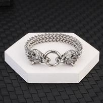 Stainless Steel Viking Wolf Head Bracelet with Franco Link Chain for Men 19 cm