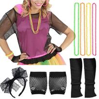 Leg Warmers Fishnet Shirt Necklace Set Headband Choker Necklace  for 80s Theme Party Costumes M juoda