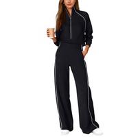 Women's Fashionable Casual Long-Sleeved -Color Sweatshirt And Wide-Leg Pants Two-Piece Set L juoda
