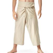 Thai Fisherman Pants Summer Solid Color Drawstring Wide Legs Pockets Menswear Flax Casual Loose Men Martial Arts Trousers Daily Life chaki