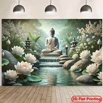 2D Buddha & White Lotus Backdrop - Zen Waterfall Photography Background Banner for Meditation & Yoga Decor 47.2x31.5inch/120*80cm gray