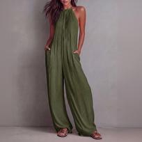 Women’s Casual Loose Fit Pleated Backless Wide Leg Jumpsuit with Sleeveless Design and Relaxed for Everyday Wear XL