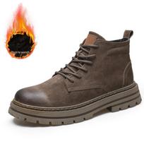 Men's British Style High-Top Leather Winter Boots: Genuine Leather Martin Boots with Thick Soles, Outdoor and Work, Plush Velvet Lining. 44