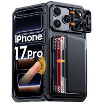 RFID blokavimo piniginės dėklas su kortelių laikikliu, slankiojančiu kameros dangteliu, stoveliu, PC+TPU apsauginis dėklas, skirtas iPhone 17 Pro - Oranžinis juoda