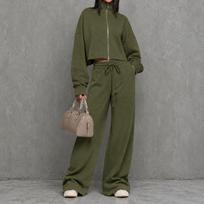 Women's Zip-Up Hoodie and High Waist Wide Leg Pants Set Casual Loungewear Tracksuit L armijos žalia spalva