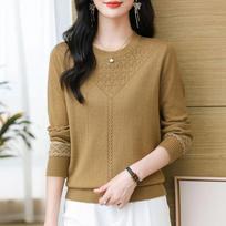 Thin knitted sweater women's spring pullover loose version fashion mother temperament hollow round neck long sleeve top women's front shoulder 2043-253 (average size) chaki