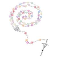 Rosary Crystal Bead Necklace Catholic Rosary Bead with Metal Crucifix Religious Jewelry for Women Flower Beaded Necklace 1