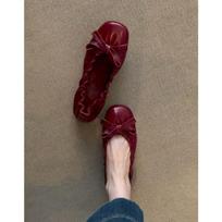 Sheepskin version~ Genuine leather retro pleated bow flat-bottomed ballet shoes commuting versatile one-pedal shallow-mouth single shoes 35