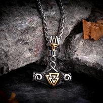 Vikings Thors Hammer Necklace Stainless Steel Double Sided Pendant Norse Amulet Men Vintage Jewelry 60cm