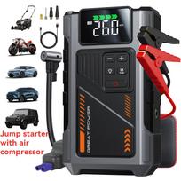Nešiojamas automobilio užvedimo įrenginys su oro kompresoriumi, Užvedimo akumuliatoriaus blokas, 5000A pikinė srovė su 150 PSI padangų pripūtimo įrenginiu, 12V automobilio akumuliatoriaus užvedimo maitinimo blokas juoda