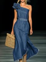 Elegant Strapless Denim Dress with 3D Floral Design 3XL mėlyna