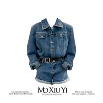 Moxiuyi St [in Stock] Blue Denim Jumpsuit for Women, Spring Vintage Slimming Wide-Leg High-Waisted Short Jumpsuit Jumpsuit S