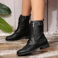 Women's Wide Width Round Toe Boots, Lace-Up Side Zipper Leather Booties, Solid Color Chunky Heel Martin Boots for Women 36 juoda