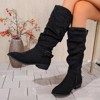 Women's Wide Width Stacked Knee High Boots - Pointed Toe Block Heel Winter Boots with Side Zipper, Slouch Cuff Ankle Boots 36 juoda