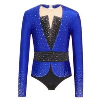 Girls Shiny Rhinestones Leotard Long Sleeve Keyhole Back Bodysuit Gymnastics Figure Skating Dancewear 5-6 Years karališkos mėlynos spalvos