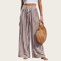 Women Summer Striped Wide Leg Pants Elastic Waist Casual Trousers with Pockets Lightweight Loose Fit Beach Pants XL kava
