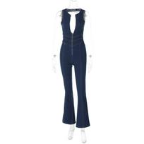 Women's Crew Neck Sleeveless Denim Jumpsuit Slim Fit High Waist Vintage Streetwear Flare Leg Overall Stretch Long Pants S mėlyna