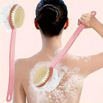 Soft Loofah and Bristles Bath Body Brush for Women and Men - Curved Long Handled Shower Brush for Body, Face, and Spa Washing rožinė