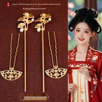 Golden Tang-Style Hanfu Sideburns U-Shaped Tassel Hairpin – Versatile Ancient Palace Performance Accessory