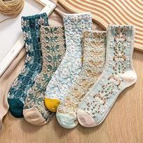 5 poros moteriškos kojinės su gėlėmis Vintažinės etninės gėlėtos kojinės 5 Pairs gray