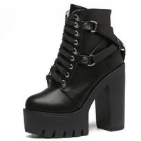 Fashion Black Boots Women Heel Spring Autumn Lace-Up Soft Leather Platform Shoes Woman Party Ankle Boots High Heels Punk 35