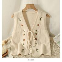 Women's Lime Green Floral Embroidered Knit Vest Tie-front V-neck Sleeveless Crop Top OneSize balta