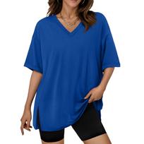Large Oversized Women's Gym T Shirts Plus Size Tops V Neck Short Sleeve Workout Shirts Casual Loose Fit T Shirts L mėlyna