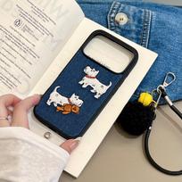 Plush Embroidered Denim Dog iPhone 16/15/14/Pro Max Case with Hand Strap iPhone 16 Pro