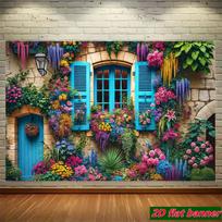 2D Vibrant Flower Stone Wall Backdrop, Blue Window Floral Cottage Party Banner 47.2x31.5inch/120*80cm