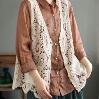 Bohemian Cotton Lace Cardigan Vest with Pockets and V-Neck Retro Fried Color Hollow Vest Lace Jacket Shawl V-neck Vest M