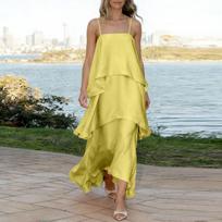 Women's Satin Slip Dress Layered Tiered Ruffle Hem Sleeveless Loose Fit Vacation Midi Dress with Adjustable Straps S geltona