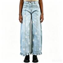 Women Floral Print Patchwork Loose Fit Distressed Wide Leg Denim Pants Casual Everyday Wear High Waist Full Length Trousers M