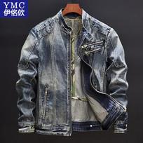 Men's denim jacket European and American casual retro large size stand-up collar zipper jacket cycling motorcycle clothing trend M šviesiai mėlyna spalva