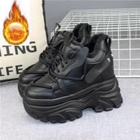 Fashion Winter High Top Leather women boots Platform Wedge Sneakers Chunky Shoes Hidden Heel 12CM White Black Women Casual Shoes 34 juoda