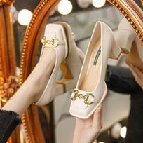 Women's Mid-heel 5.5CM 2025 Summer French Style Back Empty Female Thick Heel Square Toe Mary Jane Shoes Black Green Talon Femme 36 smėlis